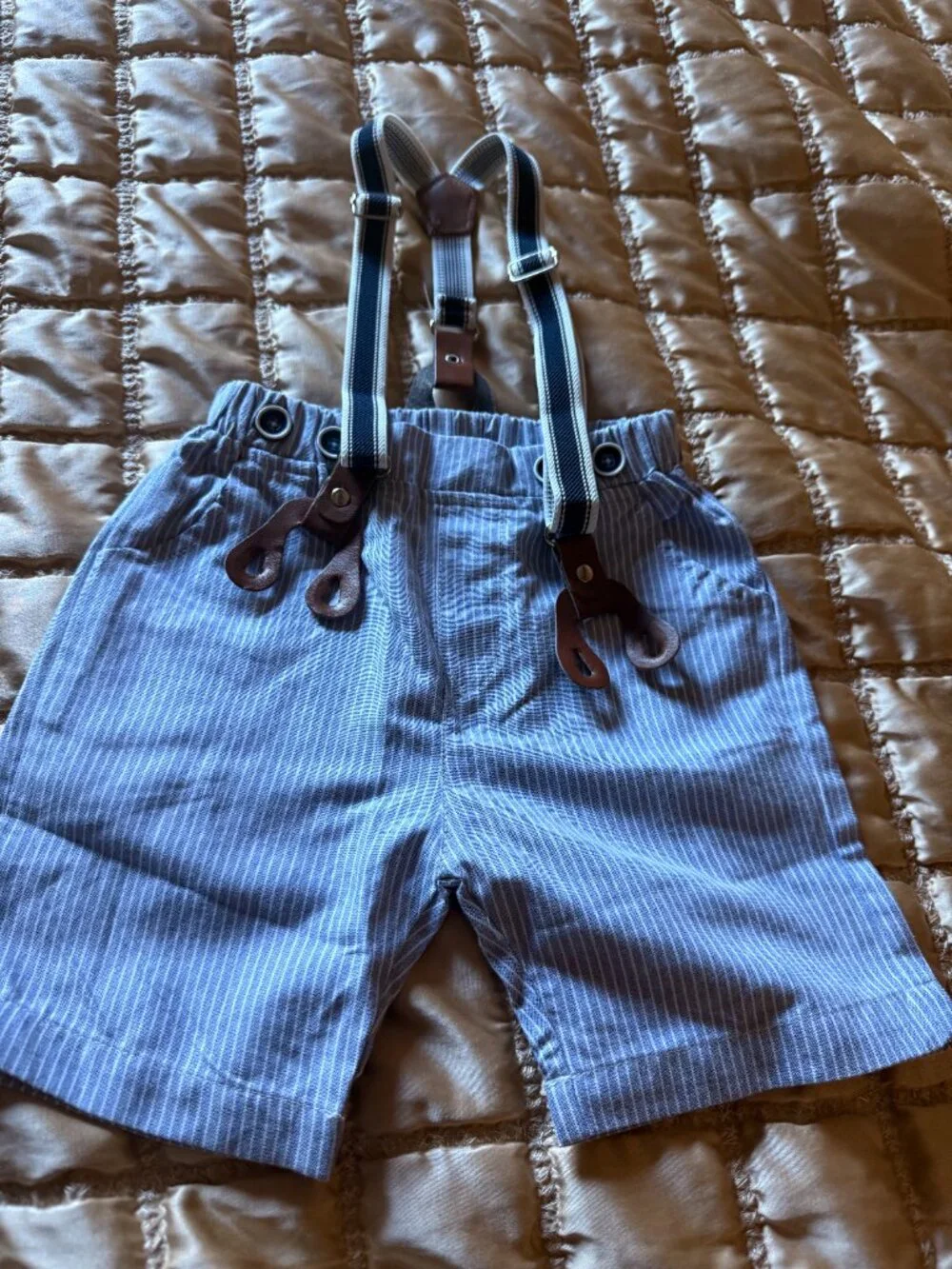 Boys Striped Shorts and Navy Shirt with Bowtie and Suspenders 18-24 m
